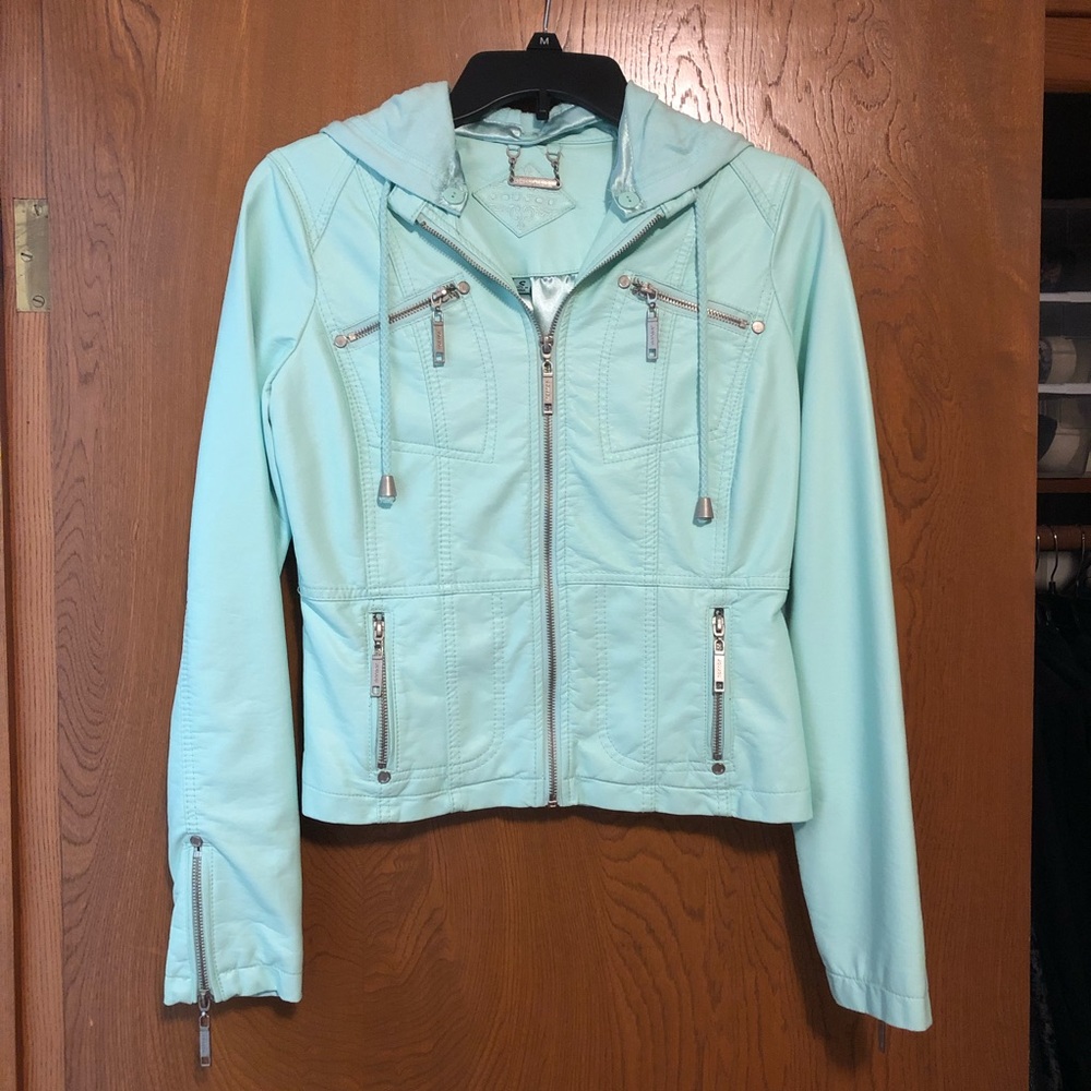 JouJou Pastel Mint Green Faux Leather Bomber Jacket